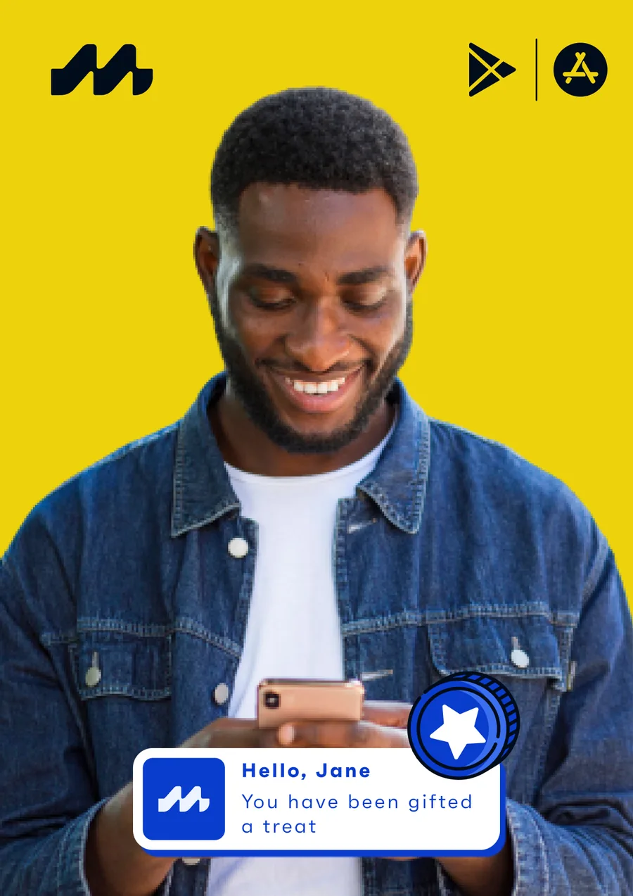 Maya poster with a man smiling at his phone