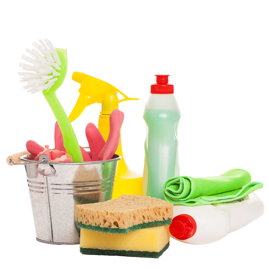 Cleaning supplies in a bucket